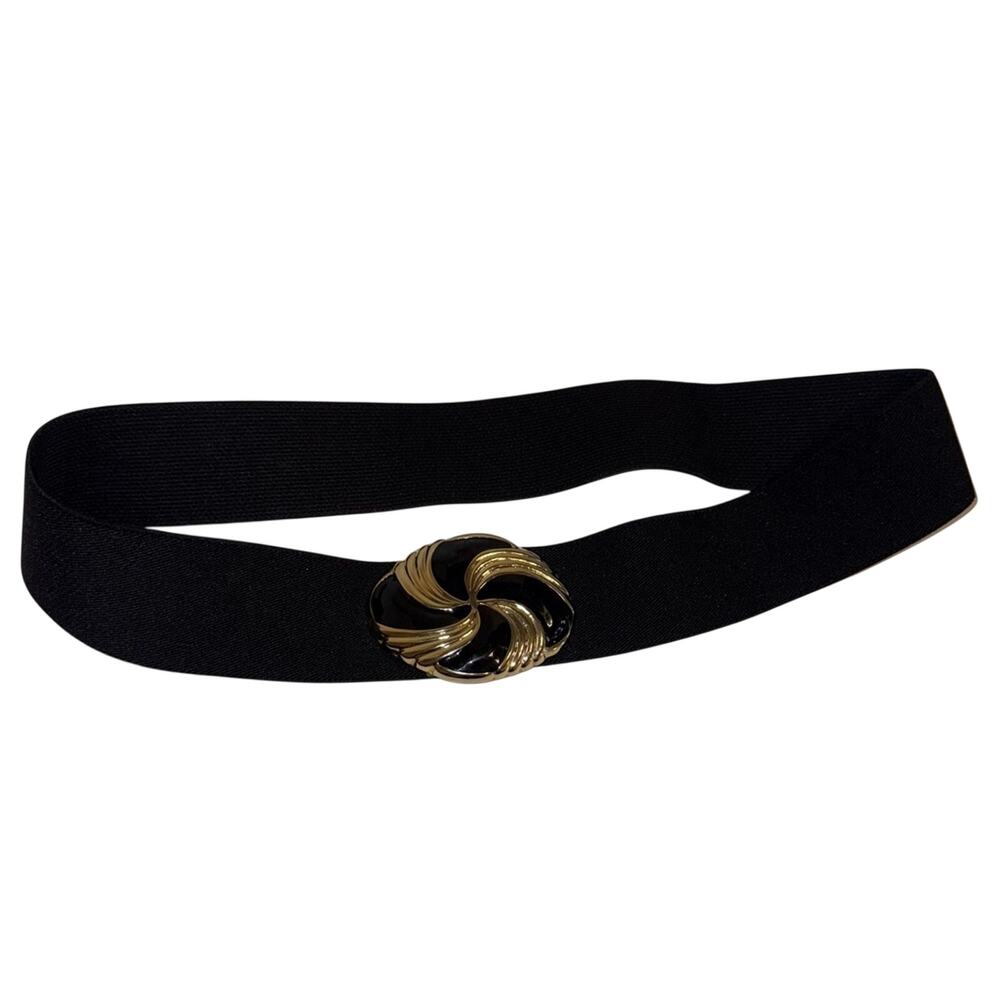 VINTAGE DAY LOR 80s black gold elastic waist hook closure statement belt 31 in